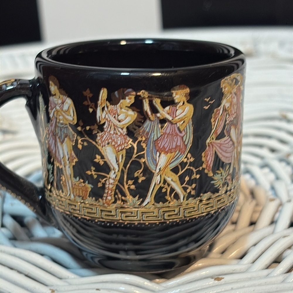 1960s Black and Gold Greek Gods Motif Mini Tea Cup /Saucer Set 24K Gold & Spoon - Picture 12 of 17